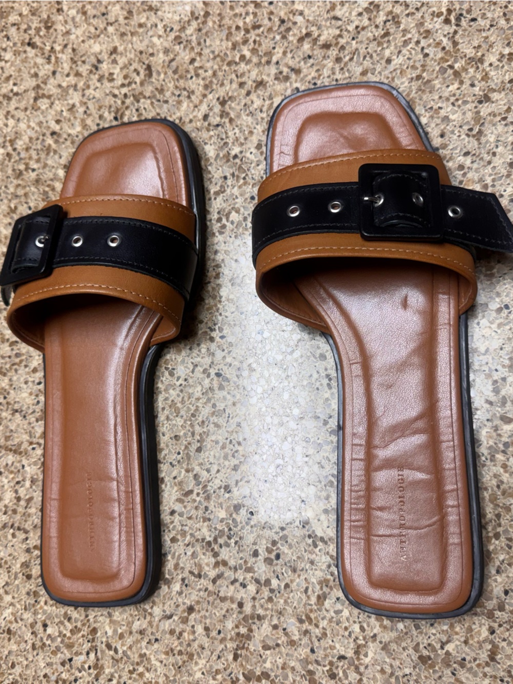 Anthropologie Tan and Black Buckle Slide Sandals